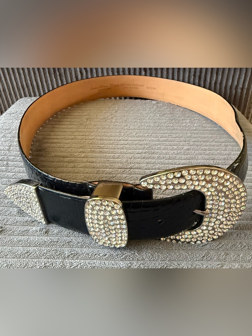Lake Shore Drive Women's Black Leather Belt Rhinestone Embellished Silver Buckle